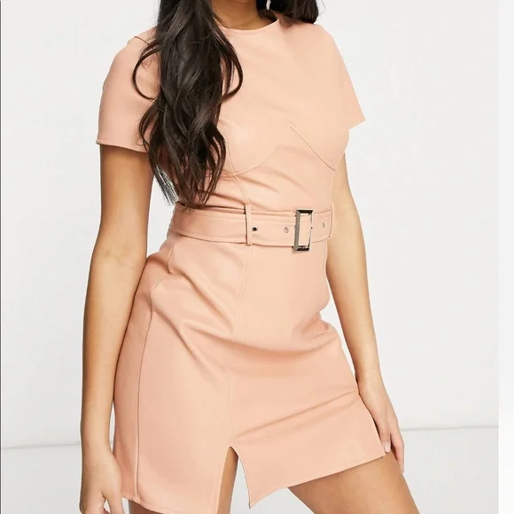 Missguided Dresses | Misguided Faux Leather Belted Dress | Color: Cream/Tan | Size: 6 | Laurenchip's Closet
